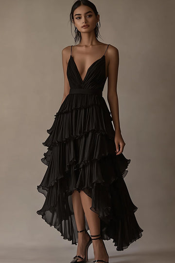 Ruffled High Low Tiered Chiffon Black Tie Dress